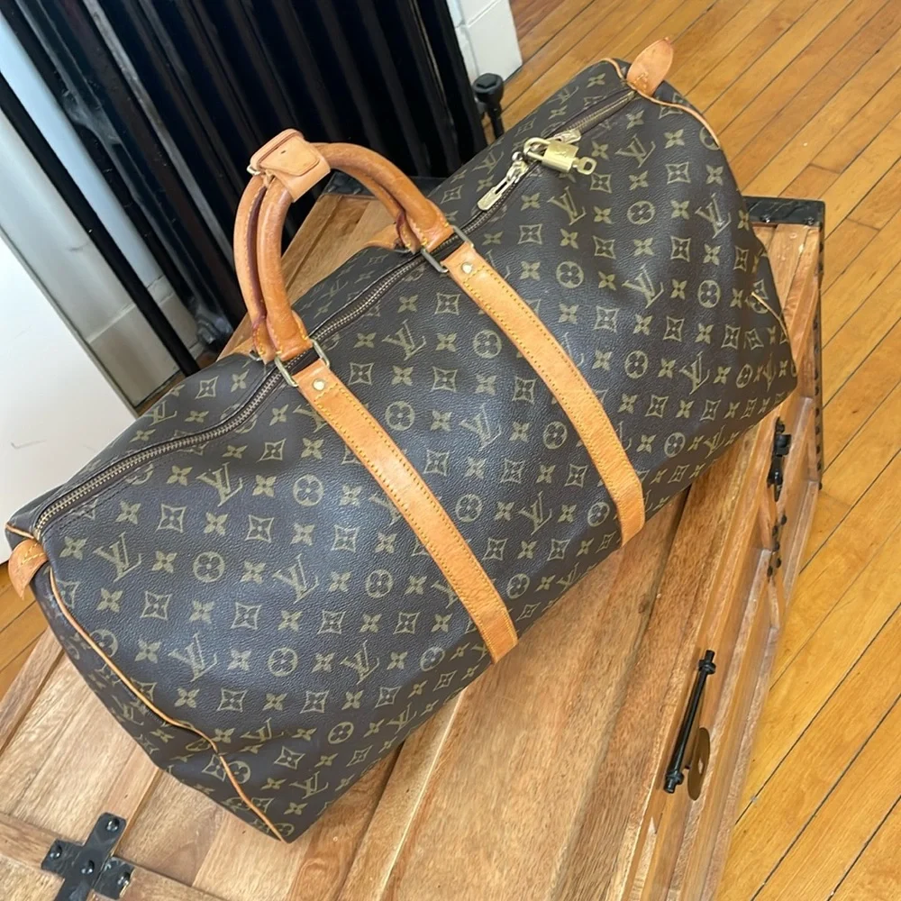 Louis Vuitton Brown Monogram Keepall Duffel with Tan Leather Trim